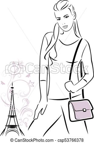 310x470 Trendy Girl With A Handbag Outline Drawing Vector Illustration - Girl Outline Drawing