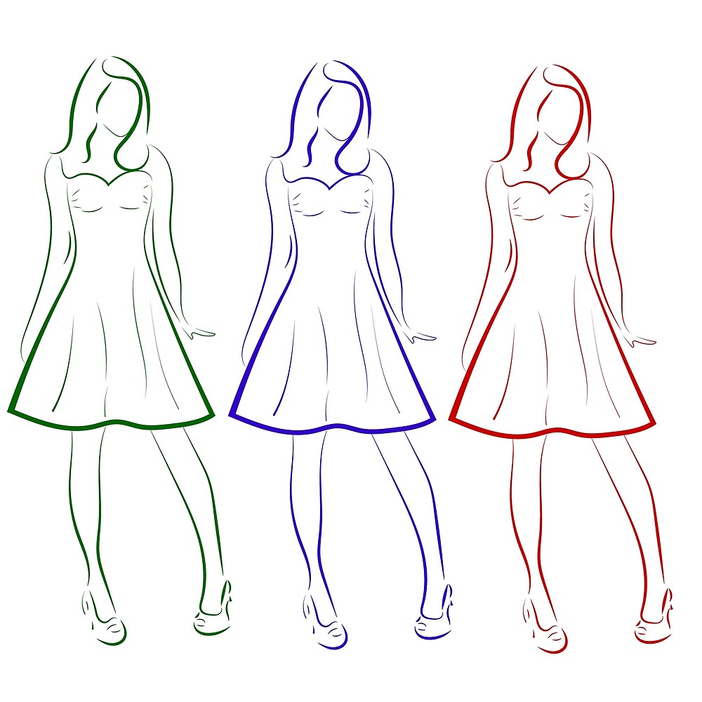 1000x1000 Colored Outline Drawing Of Three Girls In Dresses - Girl Outline Drawing