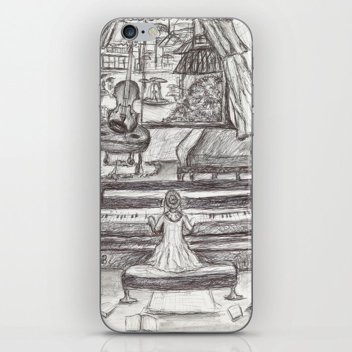 700x700 Black White Girl Playing Piano Pen Drawing Iphone Skin - Girl Playing Piano Drawing
