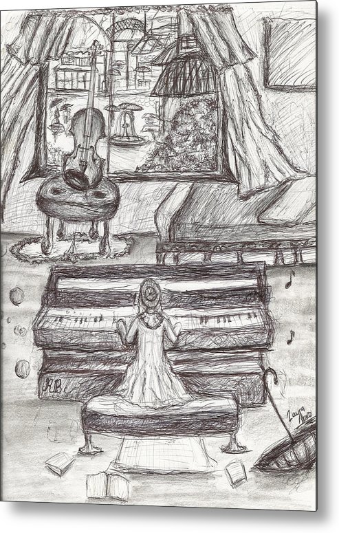 493x775 My Love For Rain Black White Girl Playing Piano Pen Drawing Metal - Girl Playing Piano Drawing