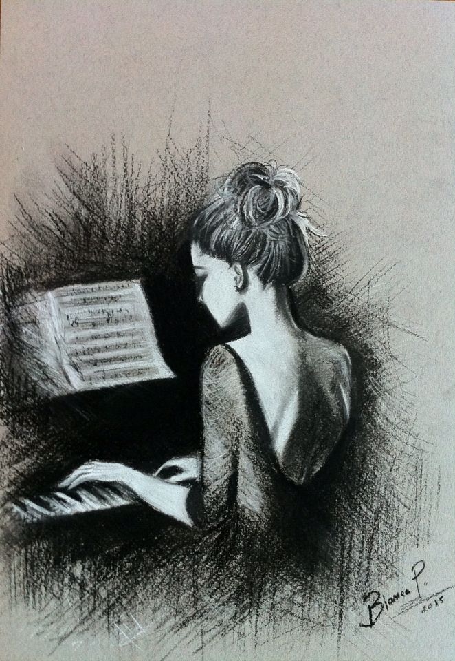 662x960 Bianca Paraschiv Drawings Playing Piano Portrait Drawings - Girl Playing Piano Drawing