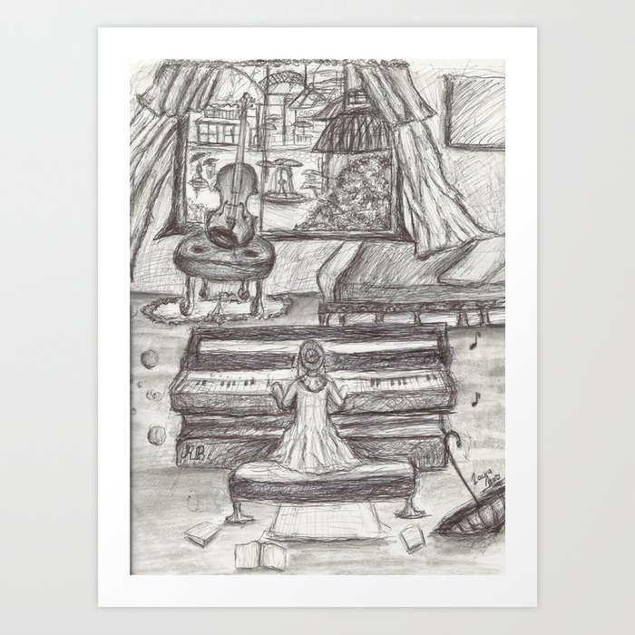 700x700 Black White Girl Playing Piano Pen Drawing Art Print - Girl Playing Piano Drawing