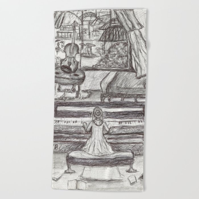 700x700 Black White Girl Playing Piano Pen Drawing Beach Towel - Girl Playing Piano Drawing