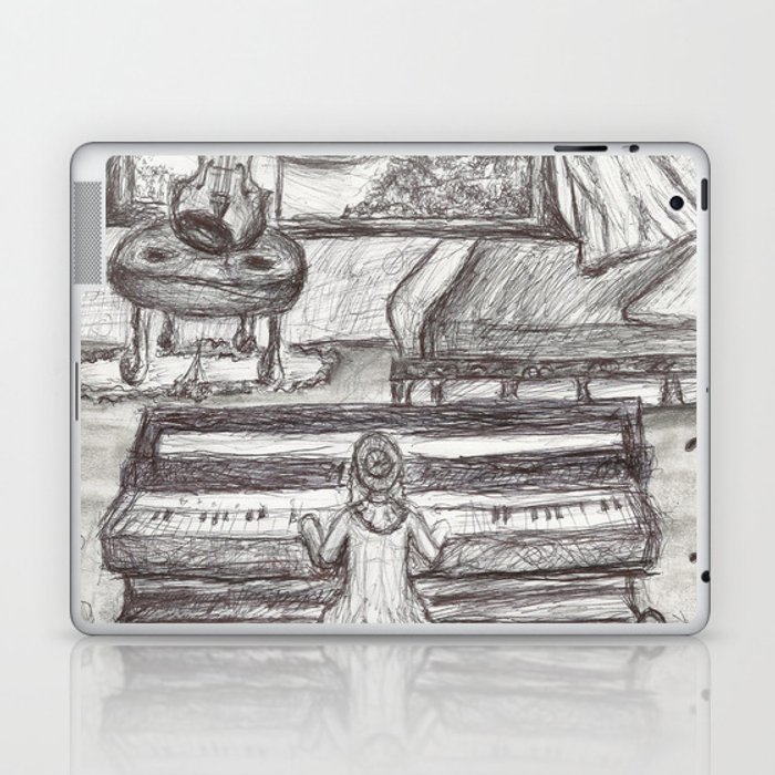 700x700 Black White Girl Playing Piano Pen Drawing Laptop Ipad Skin - Girl Playing Piano Drawing