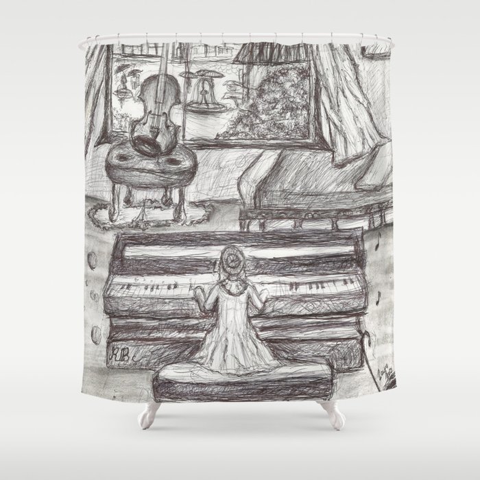 700x700 Black White Girl Playing Piano Pen Drawing Shower Curtain - Girl Playing Piano Drawing