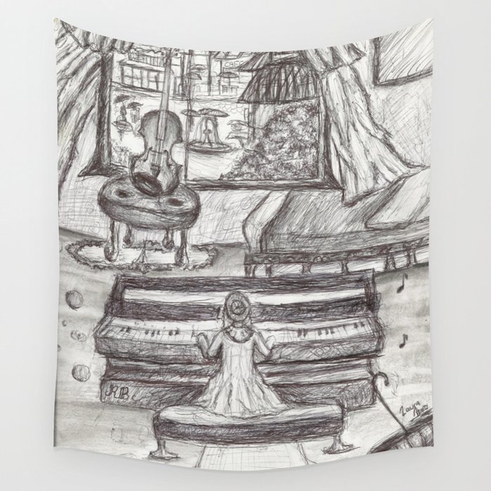 700x700 Black White Girl Playing Piano Pen Drawing Wall Tapestry - Girl Playing Piano Drawing