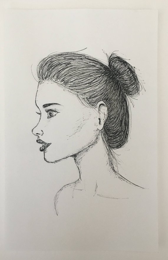 570x881 Girl's Side Profile Ink Drawing Etsy - Girl Profile Drawing