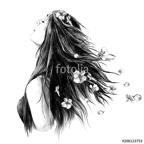 500x500 Portrait Of A Girl In Profile With Her Hair Down And With A Rose - Girl Profile Drawing