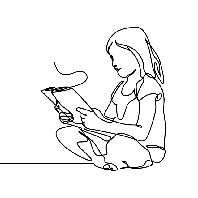 640x640 A Girl Reading A Book One Continuous Line Art Drawing Style, Child - Girl Reading A Book Drawing