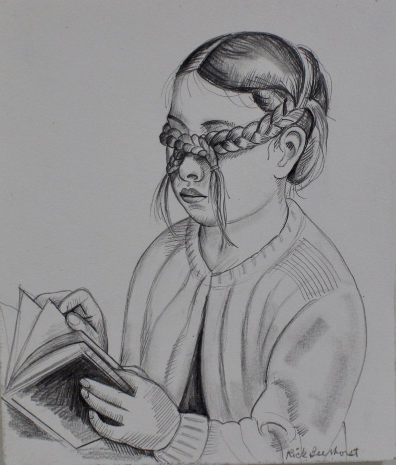 794x931 Girl With Braids Over Her Eyes Reading Her Book Drawing Black Etsy - Girl Reading A Book Drawing