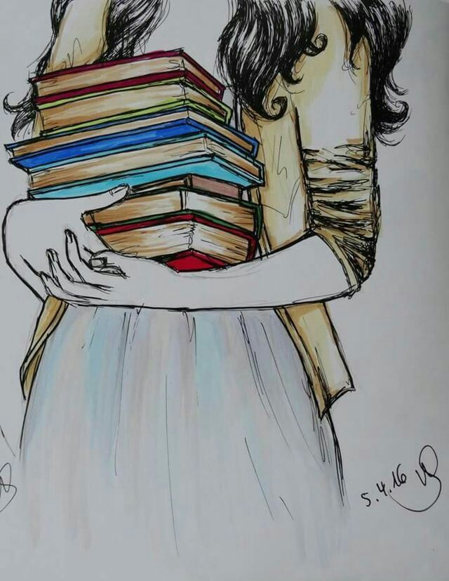 640x828 Girl With Her Books On We Heart It - Girl Reading A Book Drawing