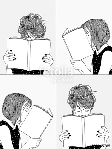 375x500 Hand Drawn Illustrations Of Girls Reading, Hiding Their Faces - Girl Reading A Book Drawing