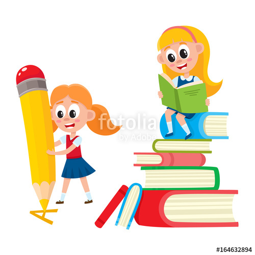 500x500 One Girl Reading On Huge Book Pile, Another Writing With Giant - Girl Reading Book Drawing