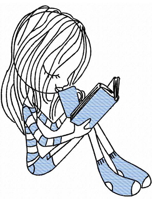 489x640 swirly girl reading sketch embroidery design - Girl Reading Book Drawing