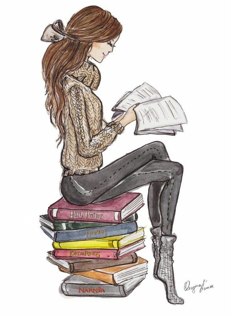 736x1006 Books Stack - Girl Reading Drawing