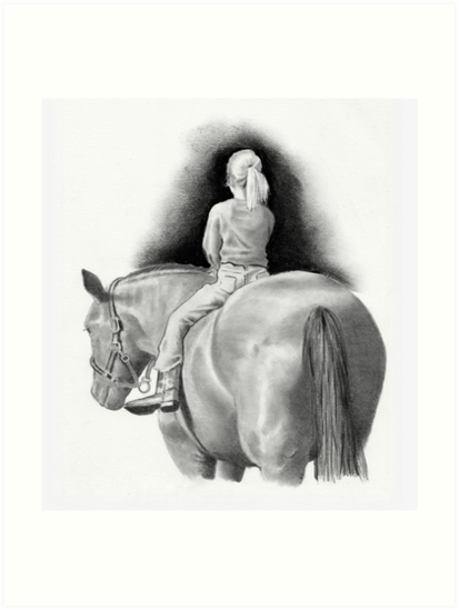 413x549 girl riding horseback pencil drawing, equine art art prints - Girl Riding Horse Drawing