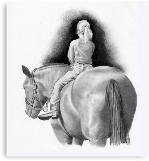 508x550 girl riding horseback pencil drawing, equine art canvas print - Girl Riding Horse Drawing