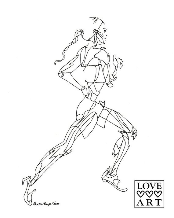 570x713 Art Print Of Line Drawing Running Girl From The Side Etsy - Girl Running Drawing