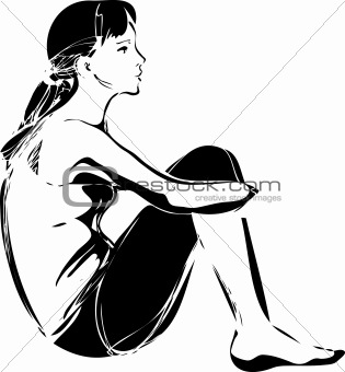 315x340 image sketch of a girl sitting hugging her knees - Girl Sitting Drawing