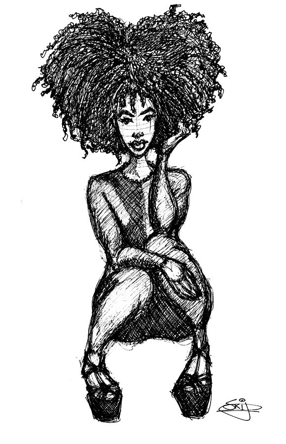 580x900 Afro Girl Sitting Drawing - Girl Sitting Drawing