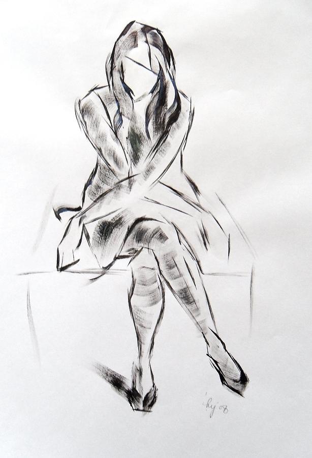 614x900 Girl In Dress Sitting Painting - Girl Sitting Drawing