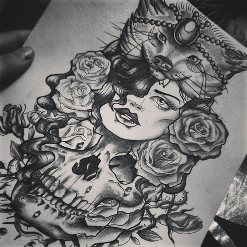 500x500 Huge Collection Of 'roses And Skulls Drawing' Download More Than - Girl Skull Drawing