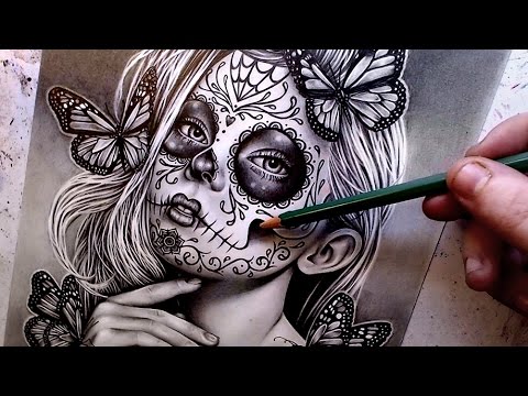 480x360 Watch Me Draw Sugar Skull Girl Pencil Portrait - Girl Skull Drawing