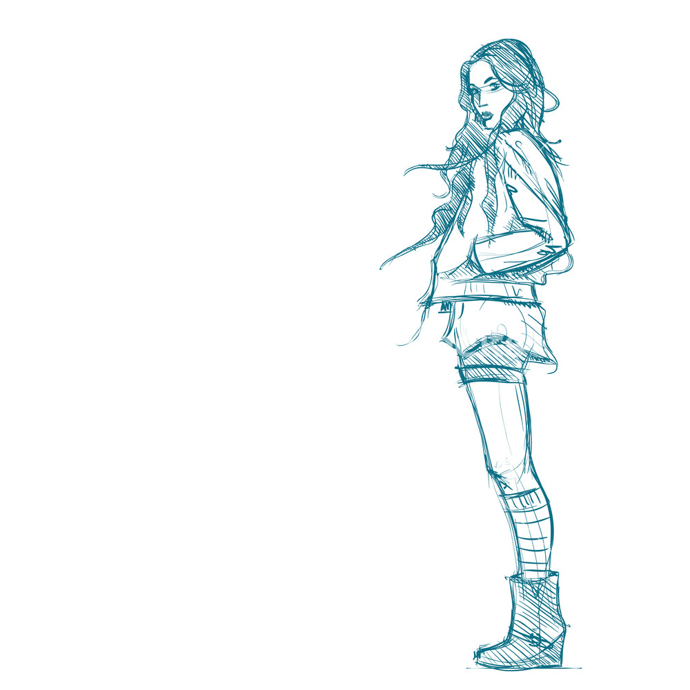 1000x1000 Hand Drawing Of A Pretty Fashion Girl In Sketch Style Vector - Girl Standing Drawing