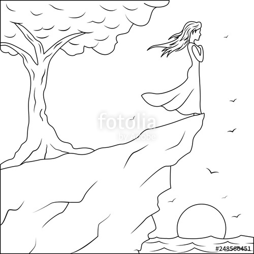 500x500 outine drawing girl standing on the edge of the cliff an looking - Girl Standing Drawing