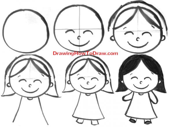 584x440 How To Draw Cartoon Girls With Easy Steps Tutorial For Kids - Girl Step By Step Drawing
