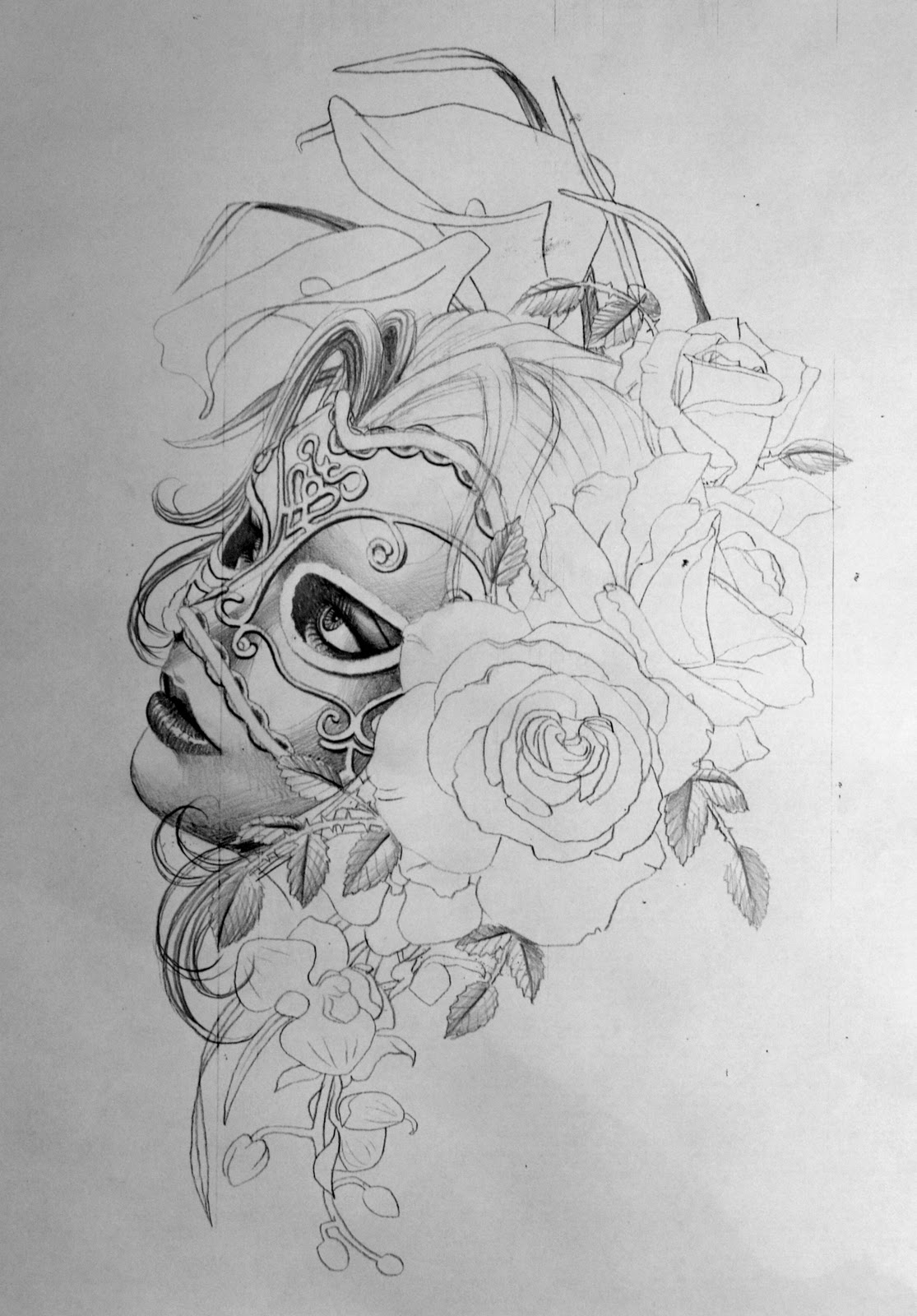 1115x1600 Masked Girl Tattoo Sketch - Girl Tattoo Drawings
