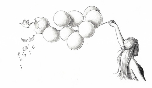500x289 Girl Holding Balloons And Bird On We Heart It - Girl With Balloon Drawing