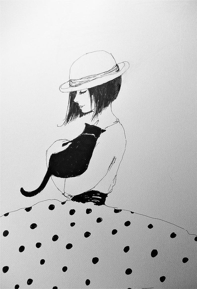 794x1161 Girl With A Cat Drawing Pen Artist Adriany Laube Illustration Etsy - Girl With Cat Drawing