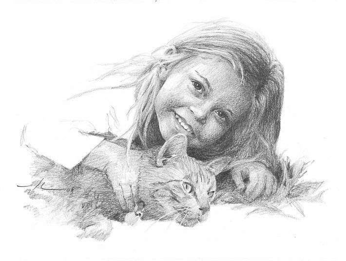 710x536 Girl With Cat Drawing - Girl With Cat Drawing