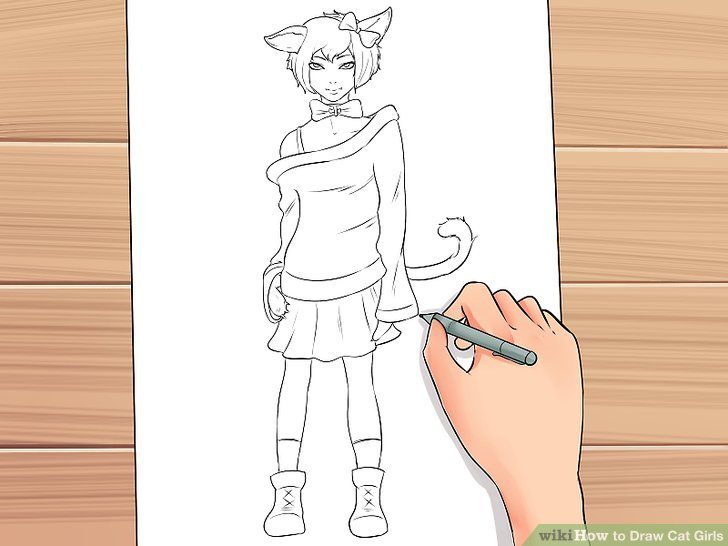 728x546 How To Draw Cat Girls Steps - Girl With Cat Drawing
