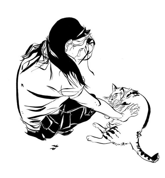 570x617 Illustration Print Of 'woman Petting Cat' Etsy - Girl With Cat Drawing