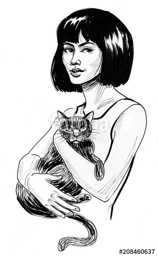 308x500 Ink Black And White Drawing Of A Girl Holding A Cat Stock Photo - Girl With Cat Drawing