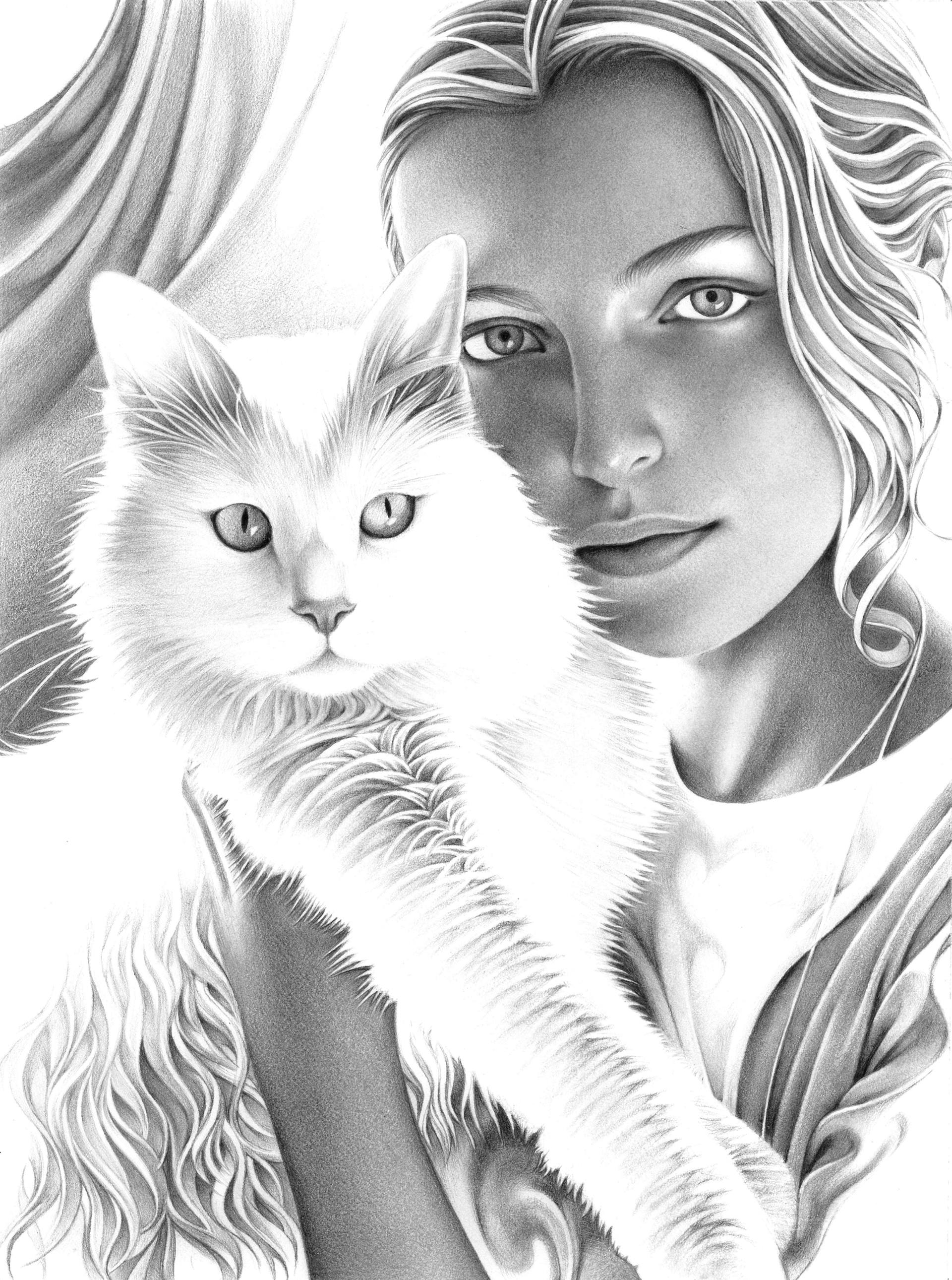 1920x2580 Portrait Of Lady With A Cat Drawing - Girl With Cat Drawing