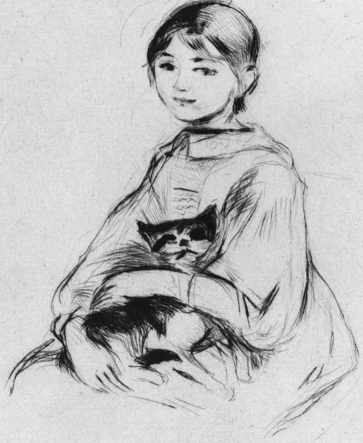 737x900 Young Girl With Cat Drawing - Girl With Cat Drawing