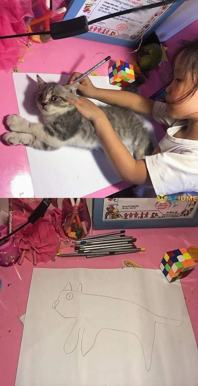 660x1287 Cat Template Girl Tracing Cat Know Your Meme - Girl With Cat Drawing