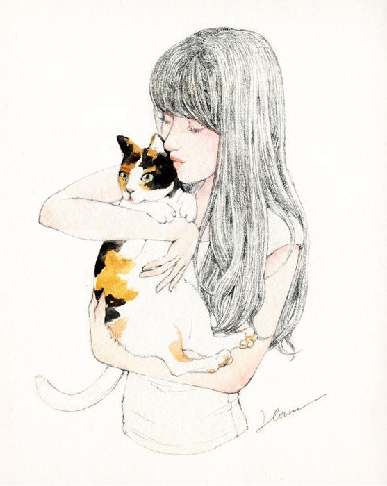 557x700 Atelier Hanu Girls Cats - Girl With Cat Drawing
