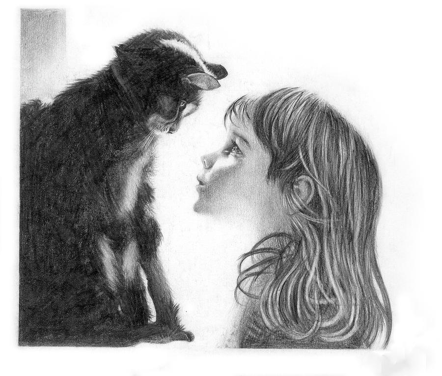 900x766 Girl And Cat Drawing - Girl With Cat Drawing