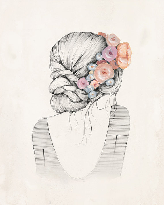 570x713 Flowers In Her Hair - Girl With Flower Drawing