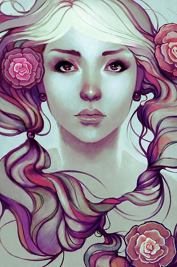597x900 Girl Flowers Drawing - Girl With Flower Drawing