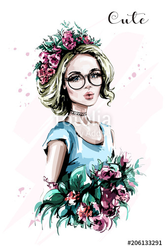 334x500 Hand Drawn Beautiful Young Woman Portrait Fashion Woman In Flower - Girl With Flower Drawing
