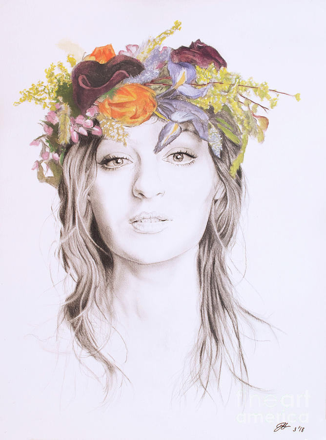 668x900 Woman Wearing Flower Crown Drawing - Girl With Flower Drawing