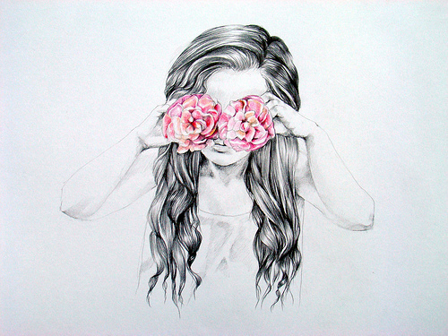 500x375 Drawing, Fashion, Flower, Girl, Hipster - Girl With Flower Drawing