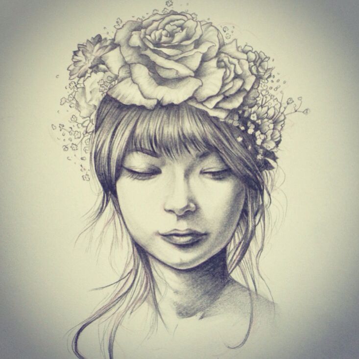 733x733 Hipster Tumblr Girl With Flower Crown Drawing - Girl With Flower Drawing