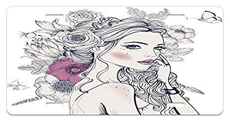 466x248 ambesonne floral license plate, portrait - Girl With Flowers In Her Hair Drawing