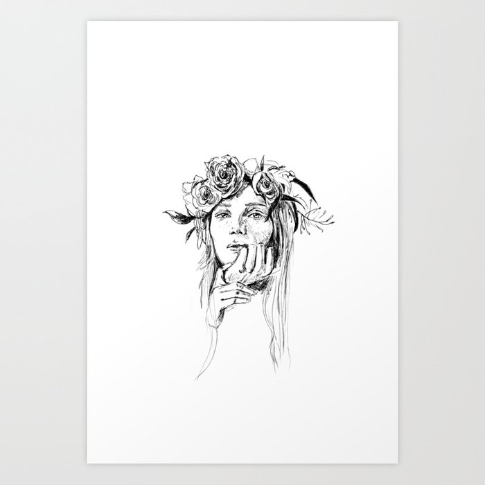 700x700 Girl With Flowers In Her Hair Art Print - Girl With Flowers In Her Hair Drawing